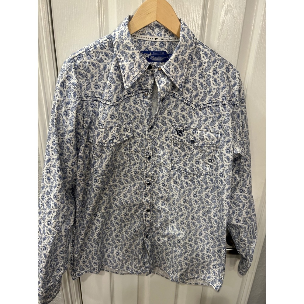 Cowboy Hardware Western Shirt Blue Paisley Snap Front Long Sleeve Mens M Rodeo